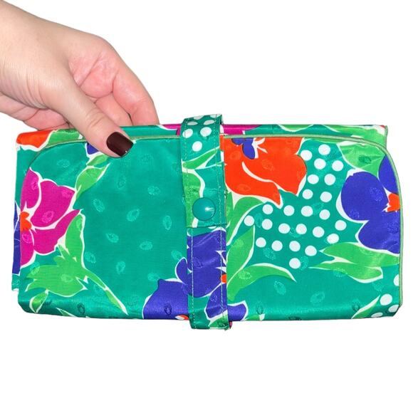 VTG Christian Dior Green Floral Print Makeup Jewelry Travel Roll Clutch Bag Case - Picture 1 of 11